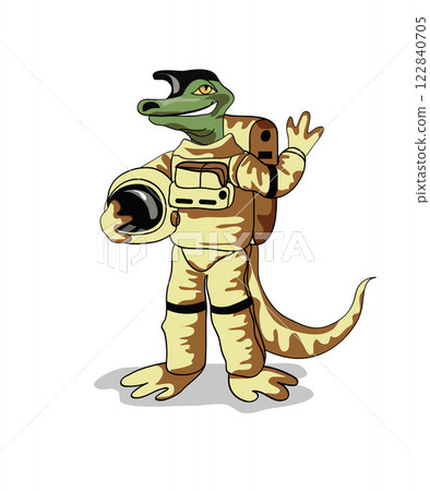 Illustration of an Iguanodon dinosaur dressed in a cosmonaut spacesuit. 122840705