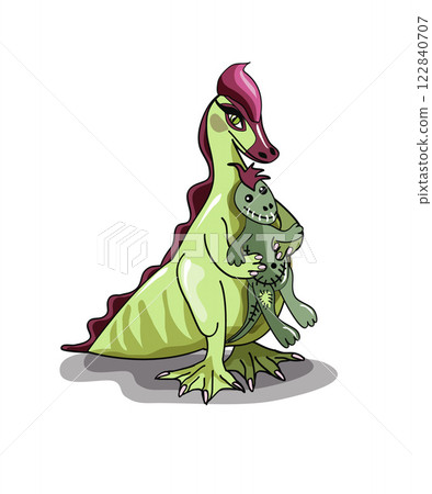 Illustration of a female Hadrosaurus holding a doll. 122840707