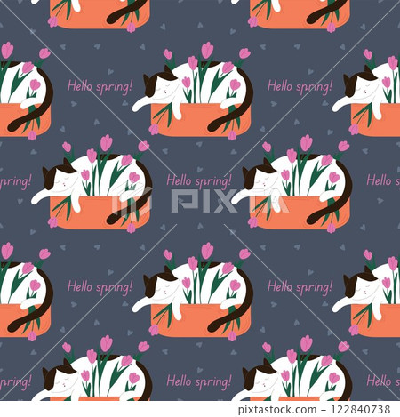 Seamless pattern of a cute sleeping cat in a flowerpot with tulip and heart with text Hello Spring in flat style. Perfect for seasonal decor, fabric and stationery design. 122840738