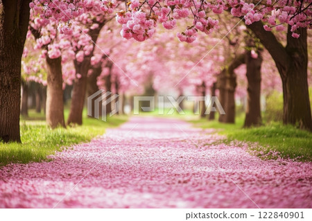 Cherry blossoms bloom in a serene park during springtime, creating a vibrant pink landscape 122840901