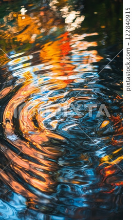 Reflection of colorful lights on water with ripples during a nighttime celebration 122840915