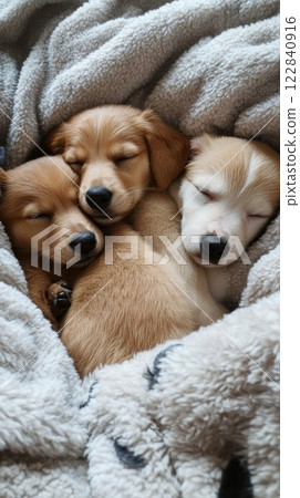 Three adorable puppies snuggling together in a soft blanket on a cozy afternoon 122840916