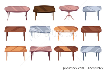 Tables furniture of wood, interior wooden desks. Empty wooden table isolated illustration on white background. Vector illustration of platforms or stands 122840927