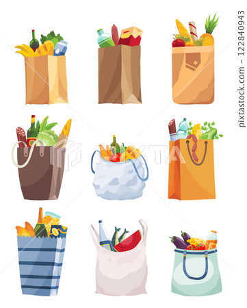 Collection of paper shopping bags products grocery. Vegetables, bread, dairy products, vine, meat and eggs. Grocery supermarket. Fresh healthy produce. Grocery delivery concept Collection of paper shopping bags products grocery. Vegetables, bread, dairy products, vine, meat and eggs. Grocery supermarket. Fresh healthy produce. Grocery delivery concept 122840943
