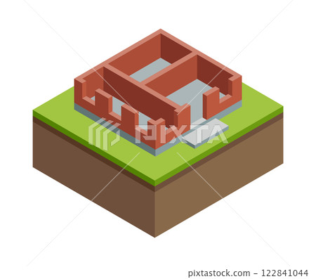 House construction Isometric stage. Visualization of modern building process. Construction of walls phase 122841044