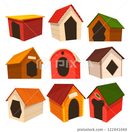 Dog house icon set. Cartoon pet accessory. Petshop supermarket item. Empty pet home with roof. House for domestic animal. Isolated flat vector illustration Dog house icon set. Cartoon pet accessory. Petshop supermarket item. Empty pet home with roof. House for domestic animal. Isolated flat vector illustration 122841048