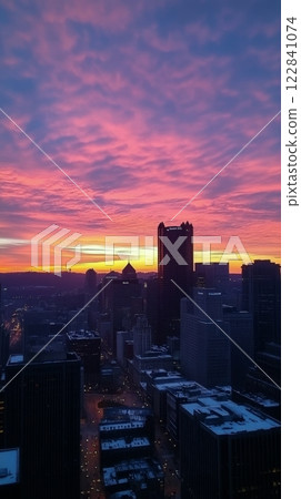 Vibrant sunset over city skyline with colorful clouds reflecting evening light Vibrant sunset over city skyline with colorful clouds reflecting evening light 122841074