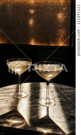 Celebration with champagne flutes atop a festive table setting in a cozy atmosphere 122841122