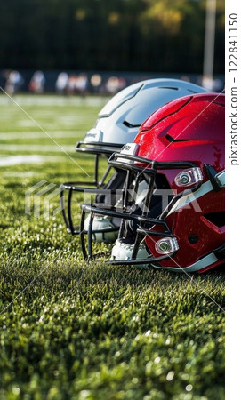 Football helmets rest on green grass under a bright blue sky with clouds in a sports field Football helmets rest on green grass under a bright blue sky with clouds in a sports field 122841150