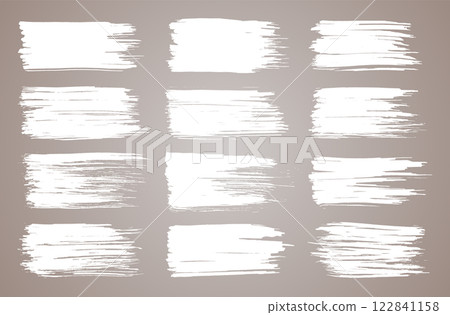 Vector paint brush set. White ink grunge brush strokes. Grunge design elements. Painted ink stripes. Creative isolated spots. Ink smudge, abstract shape stains and smear set 122841158