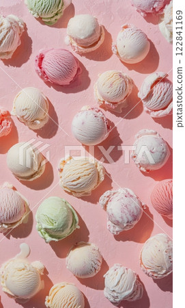 Colorful assortment of ice cream scoops in small cups on a pastel pink background 122841169