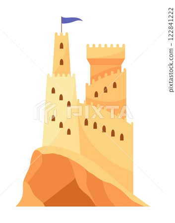 Sand castle. Kids fortress constructions. Sandy stronghold with wall and tower. Summer beach games to build sandy palaces or citadel. Vector cartoon illustration of beach sculptures Sand castle. Kids fortress constructions. Sandy stronghold with wall and tower. Summer beach games to build sandy palaces or citadel. Vector cartoon illustration of beach sculptures 122841222