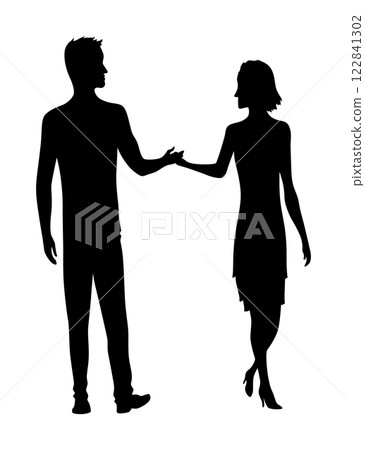 Couples in love silhouette. Man and woman standing together. Romantic black silhouette of loving pair boy and girl. Vector illustration 122841302