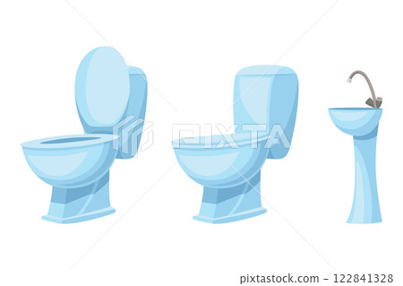 New ceramic toilet bowl and washbasin. Clean bathroom interior element of decoration. Vector cartoon flat illustration New ceramic toilet bowl and washbasin. Clean bathroom interior element of decoration. Vector cartoon flat illustration 122841328