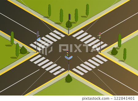 A vibrant isometric view of a crossroad with nearby lush green landscapes 122841401
