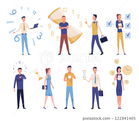 Effective time management icon set. Efficiency work time. Freelance man and woman workers with productivity clock. Time management, control business time or work deadline concept, smart businessman Effective time management icon set. Efficiency work time. Freelance man and woman workers with productivity clock. Time management, control business time or work deadline concept, smart businessman 122841405