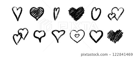Crayon vector heart symbols with chalk texture set. Outlined, filled, shaded and nested black romantic designs. Hand drawn love elements with grunge effect for romantic cards or decorations. Crayon vector heart symbols with chalk texture set. Outlined, filled, shaded and nested black romantic designs. Hand drawn love elements with grunge effect for romantic cards or decorations. 122841469