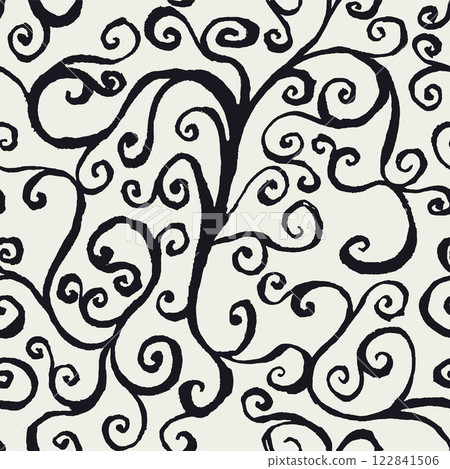 Hand drawn abstract monochrome black and white botanical seamless pattern with rough edges swirls. Rustic floral silhouettes repeat wallpaper. Hand drawn abstract monochrome black and white botanical seamless pattern with rough edges swirls. Rustic floral silhouettes repeat wallpaper. 122841506