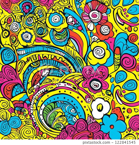 Abstract pattern in the style of doodling and zentangle. Pattern. Design. Background. Decor. Cover. Illustration. Yellow, orange, pink, blue 122841545