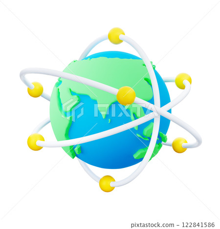 3d cartoon Earth with white orbits and yellow spheres for global connections, networking, communications or international business. Globe with green continents and blue ocean. 3d Vector illustration. 122841586
