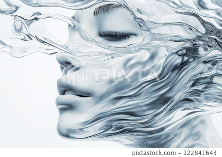 Female face integrated seamlessly with flowing liquid. The image conveys a sense of ethereal beauty, calmness, and the harmonious nature. Hydration and nutrition, moisturizing cosmetics, facial cream 122841643