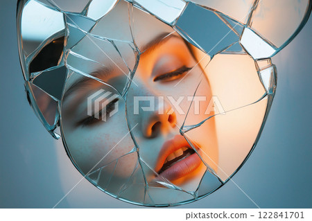 An artistic portrait where a face is reflected in fragmented mirror pieces. Woman looking in a broken mirror. I hate my appearance. Introspection, identity, human emotions and perceptions. 122841701
