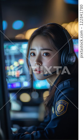 Focused Asian Female 911 Dispatcher Working at Computer Terminal in Busy Control Room Focused Asian Female 911 Dispatcher Working at Computer Terminal in Busy Control Room 122841780