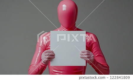 Pink Man, Body Suit, Holding a Blank White Sign, Customization, Isolated, Grey Background 122841809