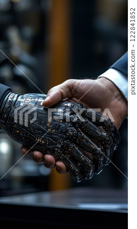 Collaboration and Unity Businessman and Robot Shaking Hands in Symbol of Successful Partnership 122841852