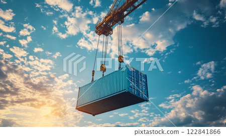 Shipping Container Lifted By Crane, Global Logistics, Transportation Industry, Cloudy Sky 122841866