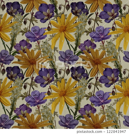 wildflowers seamless pattern botanical watercolor illustration isolated on white background for card invitation 122841947