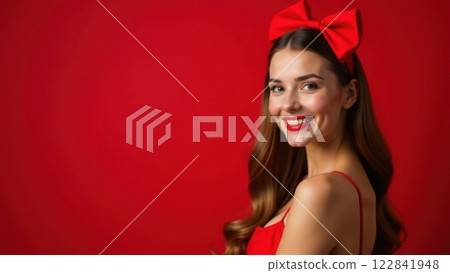 Elegant woman with red bow in hair and red dress smiles on red background 122841948