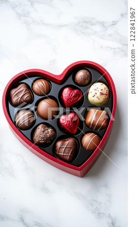 Heart-Shaped Box of Valentine s Day Chocolates Delicious Assortment on a White Marble Table 122841967
