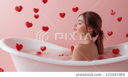 Beautiful Woman in Bathtub Filled with 3D Hearts on Pink Background, Valentine s Day Concept 122841968