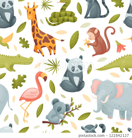 Tropical Animal and Wild African Fauna Seamless Pattern Vector Template Tropical Animal and Wild African Fauna Seamless Pattern Vector Template 122842127