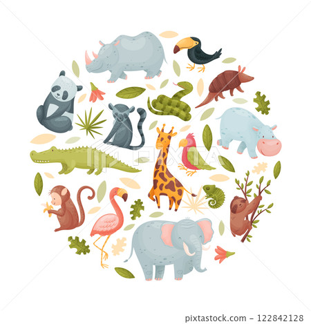 Tropical Animal and Wild African Fauna with Leaves Round Composition Vector Template 122842128