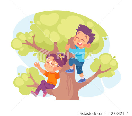 Kid Play on Tree in the Yard Vector Illustration 122842135