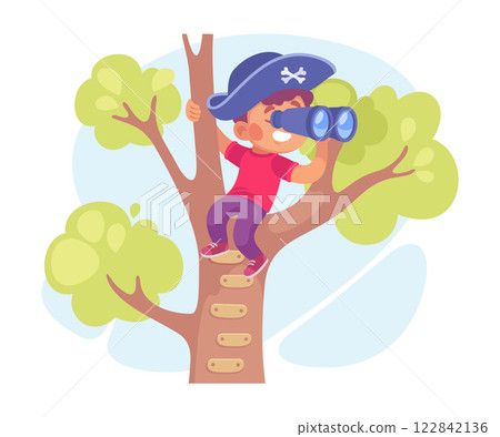 Kid Play on Tree in the Yard Vector Illustration 122842136