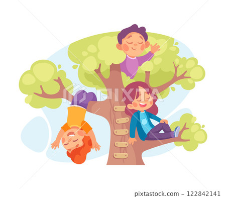 Kid Play on Tree in the Yard Vector Illustration 122842141
