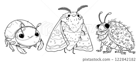 coloring book for children. set of cute beetles and moth. character and kawaii style, vector illustration coloring book for children. set of cute beetles and moth. character and kawaii style, vector illustration 122842182