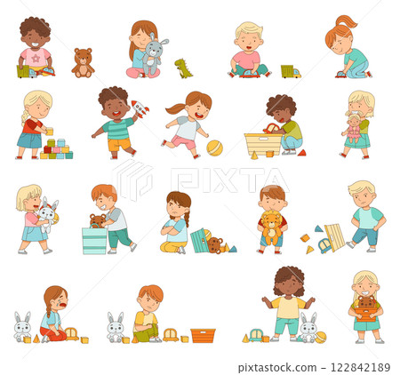 Little Kids Playing Toy in Nursery or Playroom Vector Set 122842189