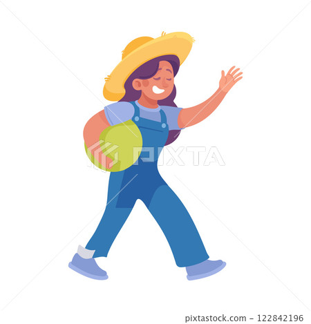 Little Girl in Hat with Ball Enjoy Beach Sea Rest Vector Illustration 122842196