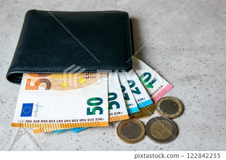 Black partmone with european money. Coins and bills in leather wallet for commerce concept. 122842255