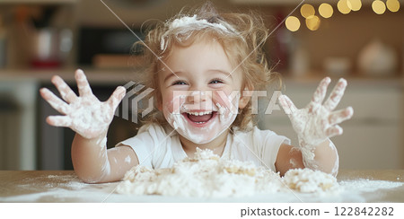 Happy child covered in flour playing with dough in the kitchen. Baking and childhood fun concept. High quality photo 122842282