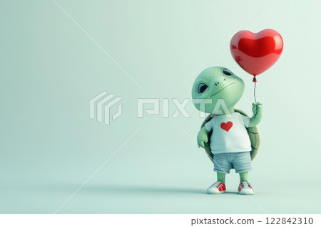 This adorable baby turtle in a shirt, shorts, and sneakers holds a red heart-shaped balloon, exuding a cheerful and joyful vibe for a kids story character This adorable baby turtle in a shirt, shorts, and sneakers holds a red heart-shaped balloon, exuding a cheerful and joyful vibe for a kids story character 122842310