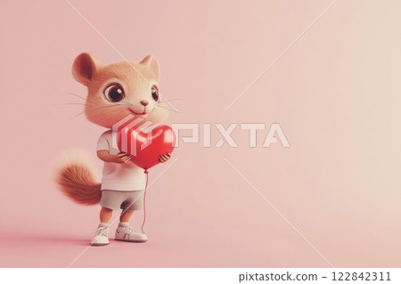 The happy baby squirrel, dressed in a fun outfit, holds a heart-shaped balloon with a joyful expression, perfect for a kids story character The happy baby squirrel, dressed in a fun outfit, holds a heart-shaped balloon with a joyful expression, perfect for a kids story character 122842311