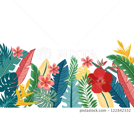 botanical border with exotic flowers and leaves. 122842332