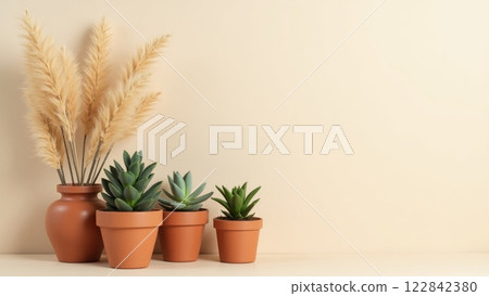 Minimalist spring flat-lay: terracotta pots with succulents and dried pampas grass, arranged on a recycled paper background. 122842380