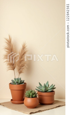 Minimalist spring flat-lay: terracotta pots with succulents and dried pampas grass, arranged on a recycled paper background. 122842381