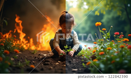 From Ruin to Green Future: Child Planting a Seedling 122842390